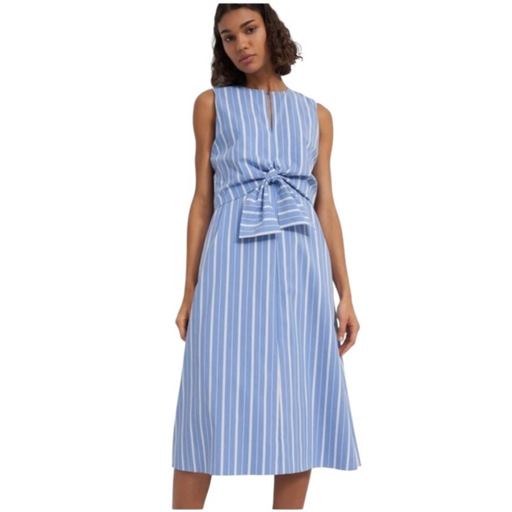 Theory Striped Blue and White Bow Tie Front Midi Sleeveless Modest Dress Size 4